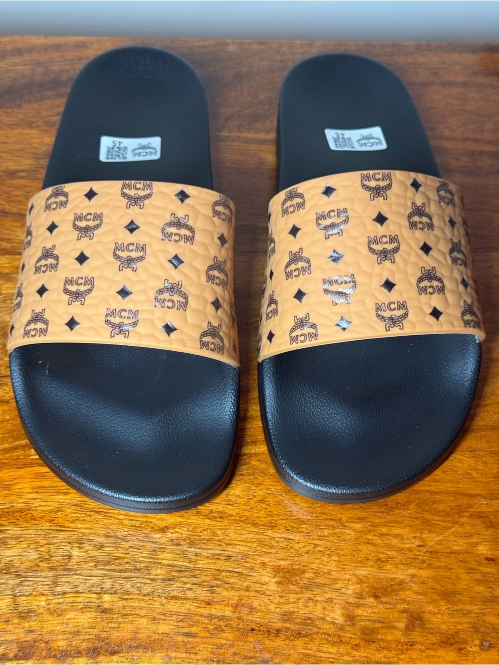 Cognac Slide Sandals with Black Footbed. No Brand.